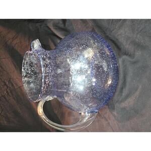 Vintage Blue Bubble Glass Pitcher with Clear Handle